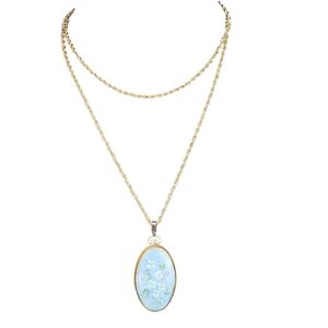 Porcelain Cameo Necklace Floral Hand Painted Blue Pendant White Flowers Goldtone